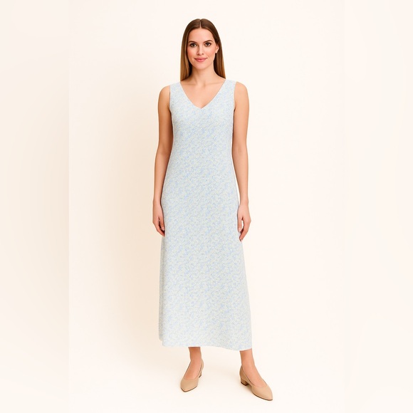 Liz Claiborne Dress Maxi V-Neck Sleeveless Linen Ditzy Floral Blue Yellow 10 - Picture 1 of 9